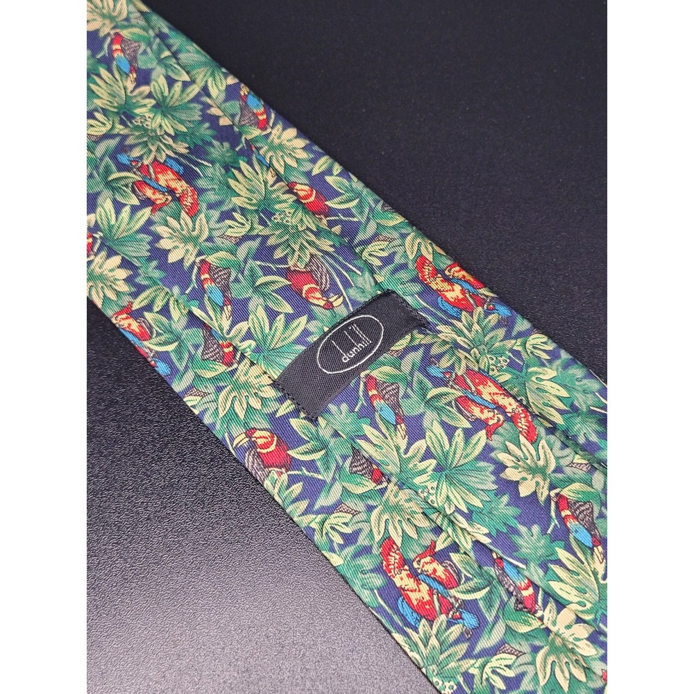 Dunhill Silk Necktie Green Blue Red Tropical Bird Parrot Toucan Pattern